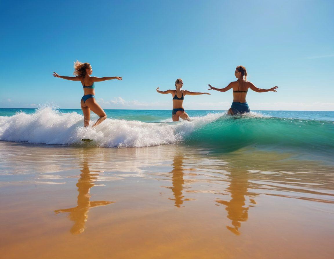 A vibrant beach scene with diverse individuals confidently surfing on colorful waves, radiating positivity and joy. Include beachgoers enjoying healthy snacks, practicing yoga, and celebrating body positivity. Bright blue skies, golden sands, and reflections in the water, capturing the essence of summer and fitness. super-realistic. vibrant colors. sunny atmosphere.