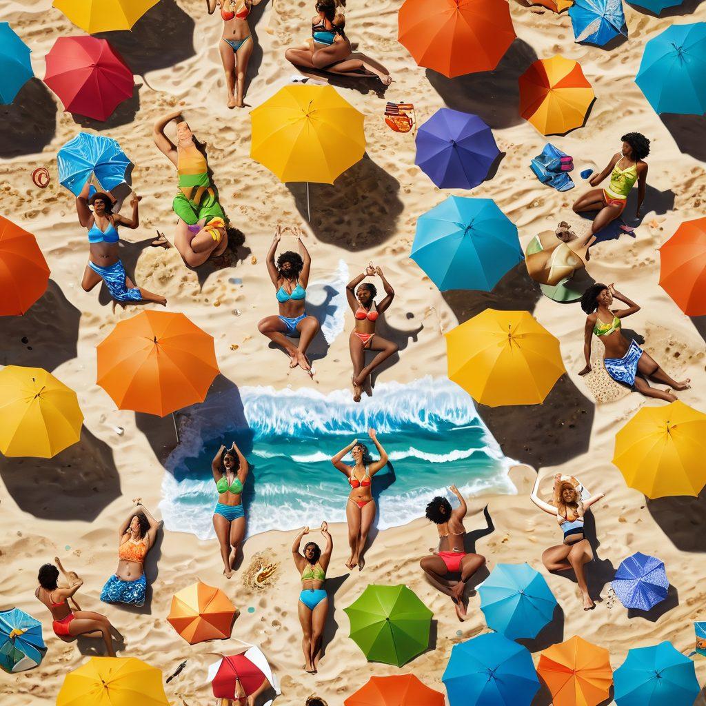 A vibrant beach scene filled with diverse individuals confidently wearing trendy swimwear, basking under a bright sun. Include colorful beach umbrellas, golden sand, and playful waves crashing in the background. Some individuals are engaging in activities like yoga and beach volleyball, radiating joy and self-acceptance. The atmosphere should evoke feelings of warmth and body positivity. super-realistic. vibrant colors. beach vibes.